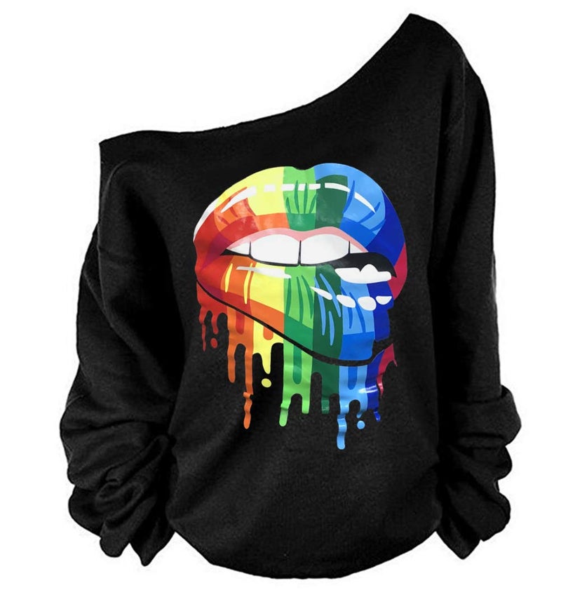 MAGICMK Womanâ€™s Sweatershirt Lips Print Causal Blouse Off The Shoulder Long Sleeve Loose Slouchy Pullover Plus Size Topsâ€¦(2XL) - Image 1